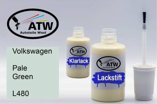 Volkswagen, Pale Green, L480: 20ml Lackstift + 20ml Klarlack - Set, von ATW Autoteile West.